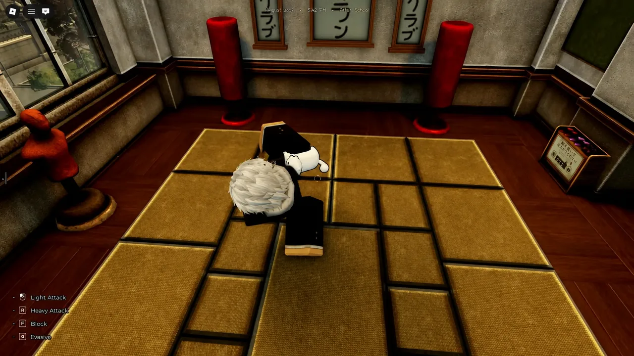 Gakuran player character knocked down on a dojo tatami floor with combat controls on screen
