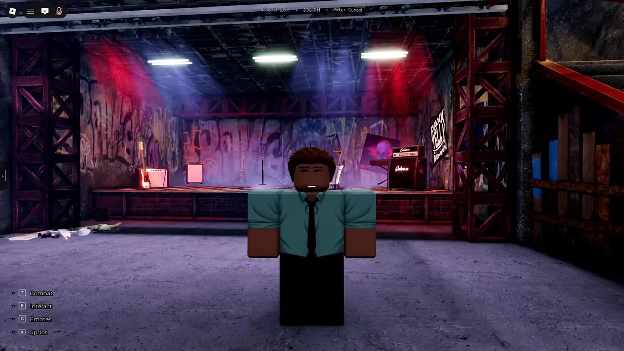 Player character standing in front of the Club Akuma concert stage with on-screen combat and interact controls