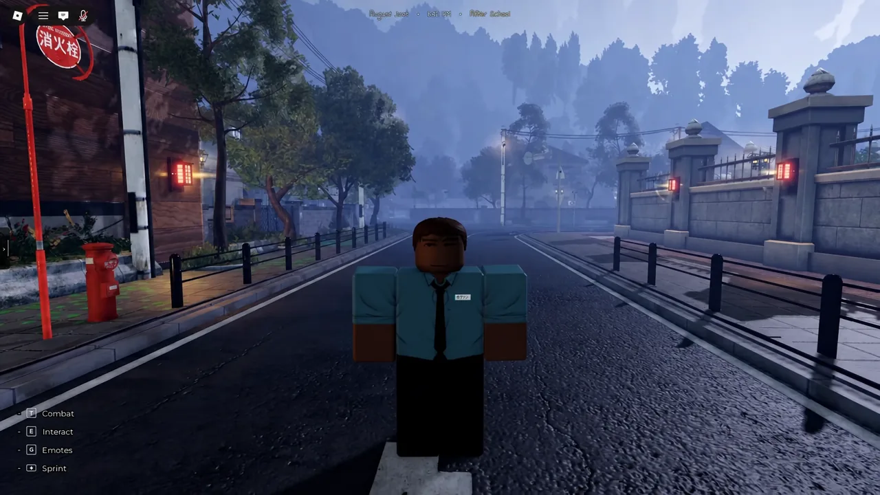 Gakuran avatar standing on a street with combat, interact, emotes, and sprint buttons visible