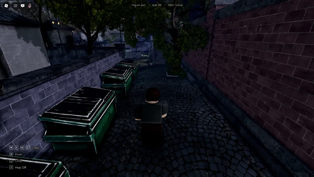 Skateboarding between alley dumpsters with WASD steer, push, ollie, and hop off prompts on screen
