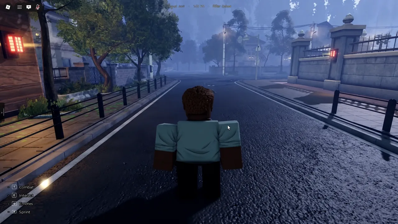 Player character walking down a foggy Gakuran street while running deliveries