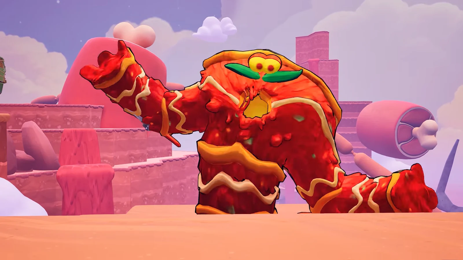 A giant burger-lasagna creature emerging as Garfield is knocked out on a bridge