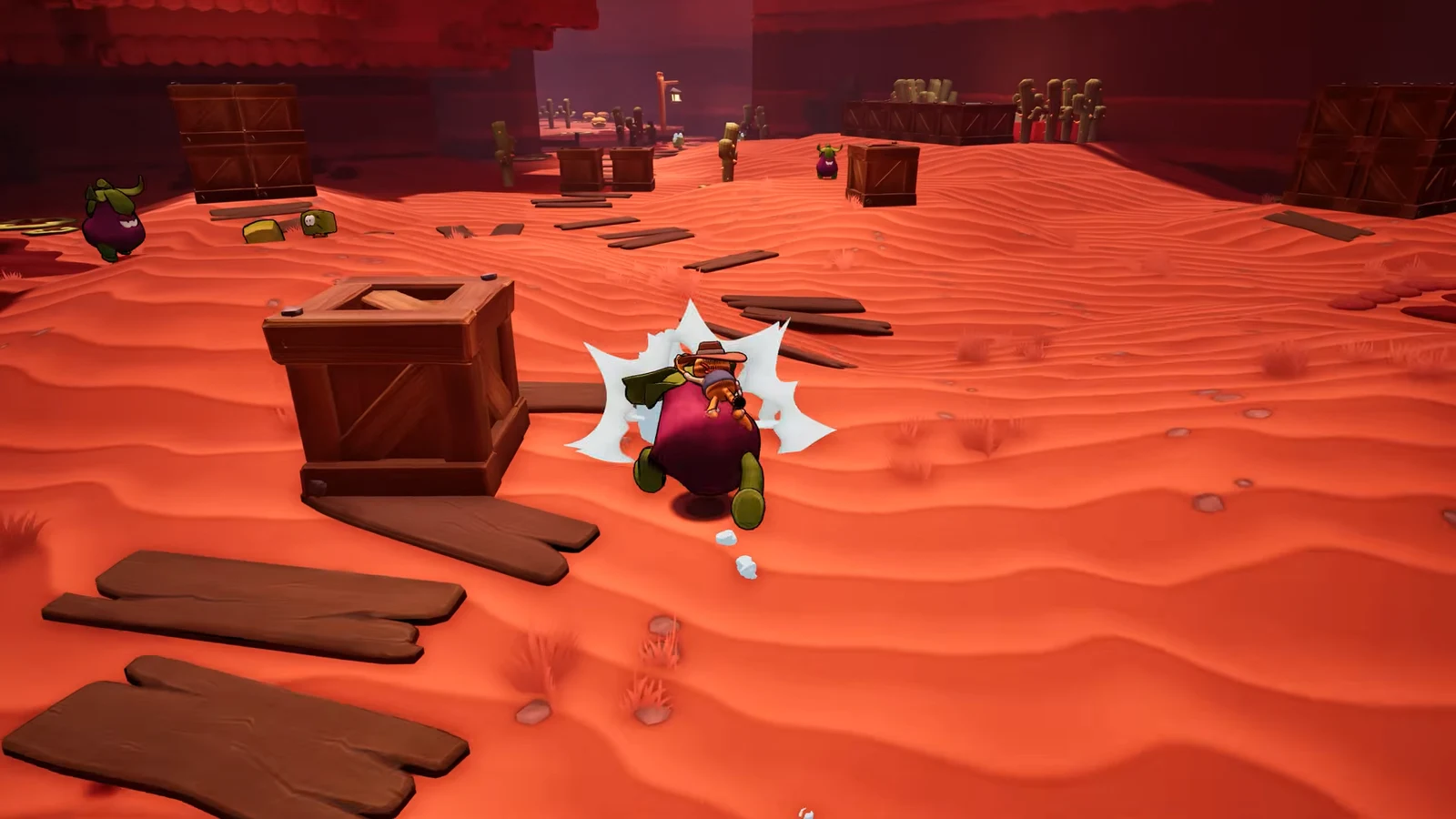 Garfield striking a purple enemy next to a wooden crate in a desert arena