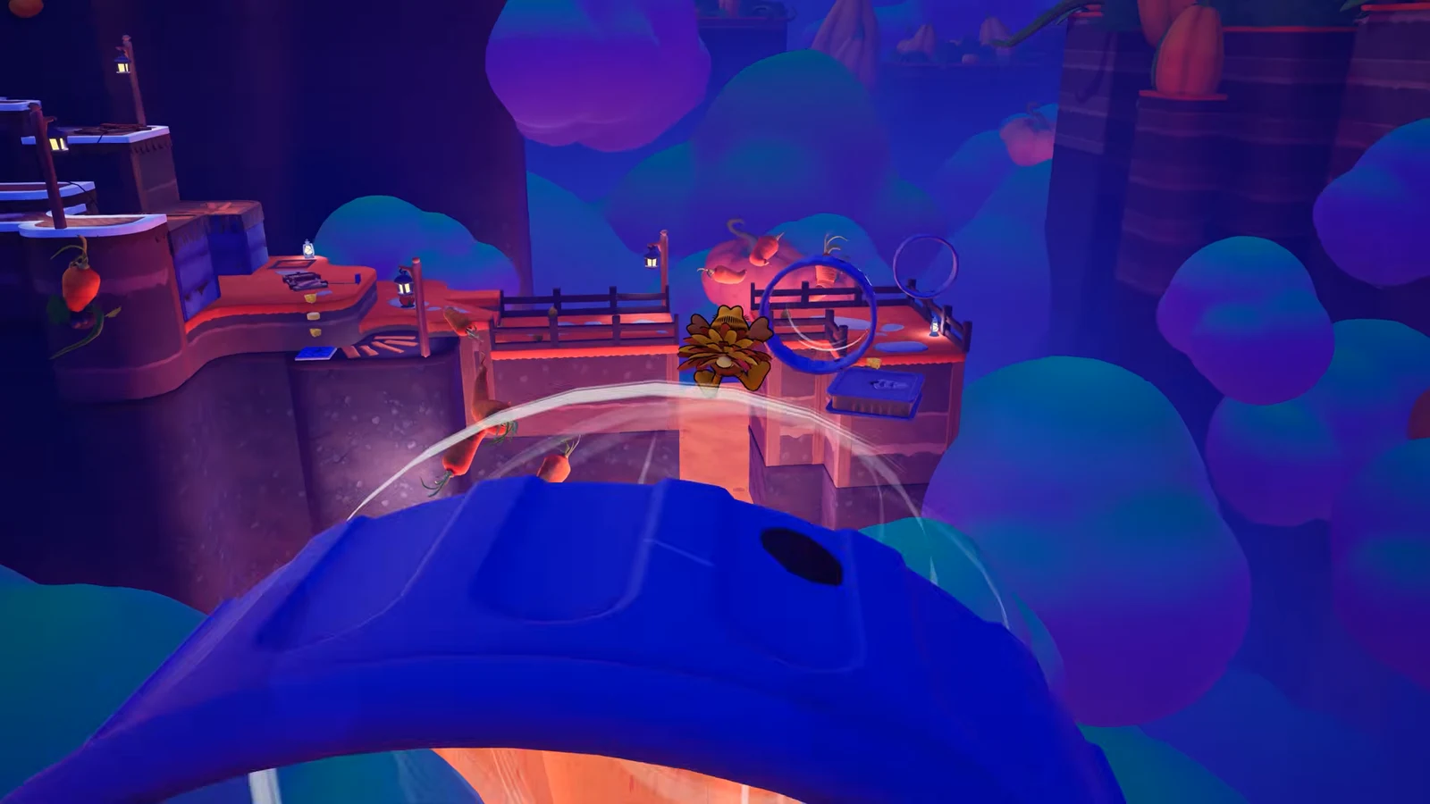 Garfield aiming at a flower-like object on a raised platform while crossing floating ledges