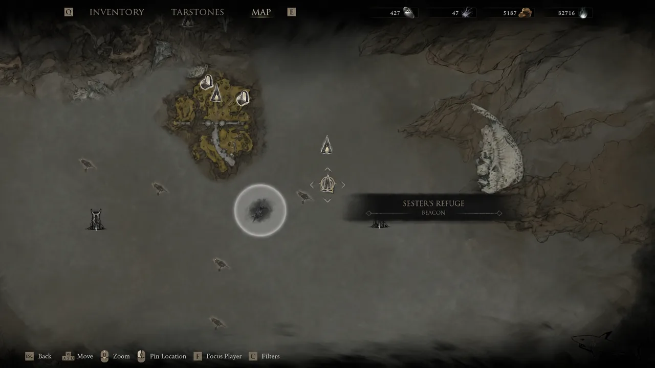 Map screen with the Sester's Refuge beacon highlighted as the selected fast travel point