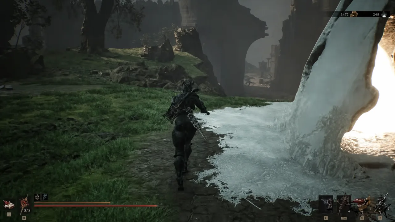 Player character sprinting along a narrow path beside a frozen waterfall in Mammon