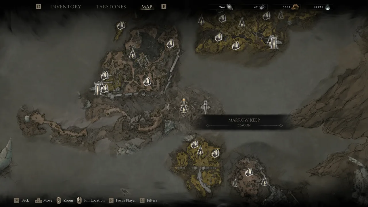 Map screen with the Marrow Keep beacon selected for fast travel back to the hub