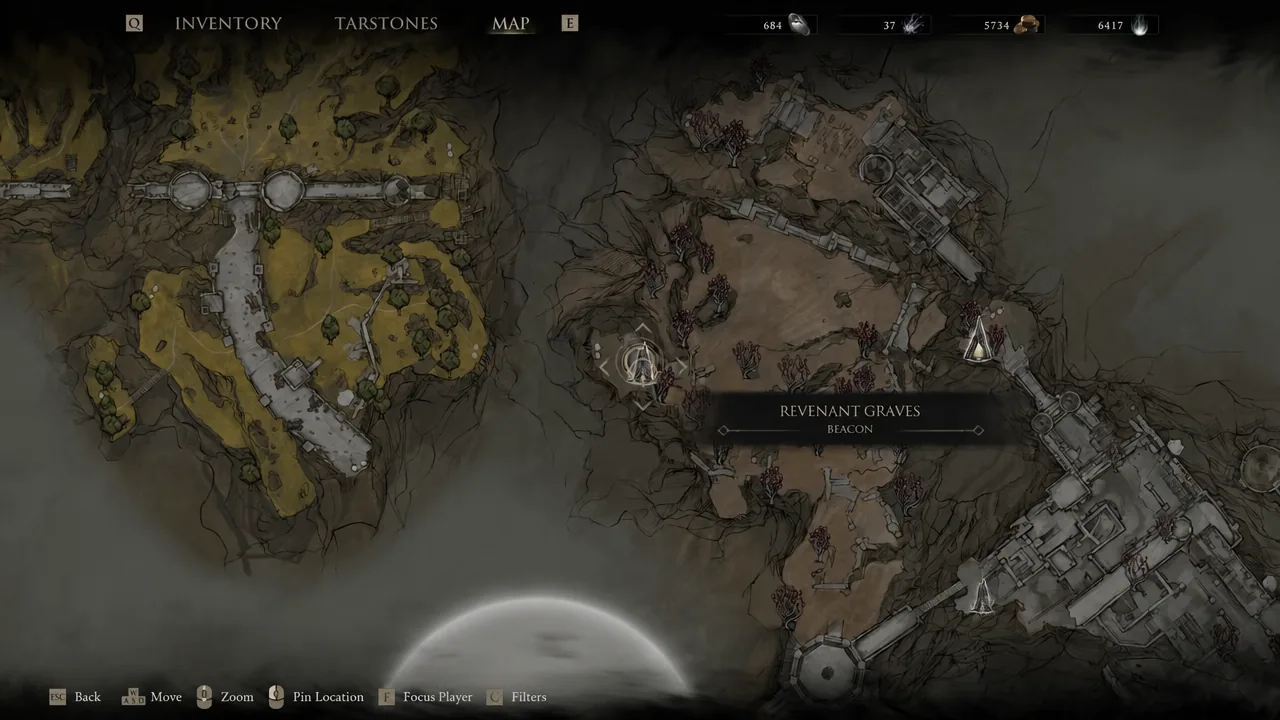 Map screen showing the Revenant Graves beacon selected in the Mammon region