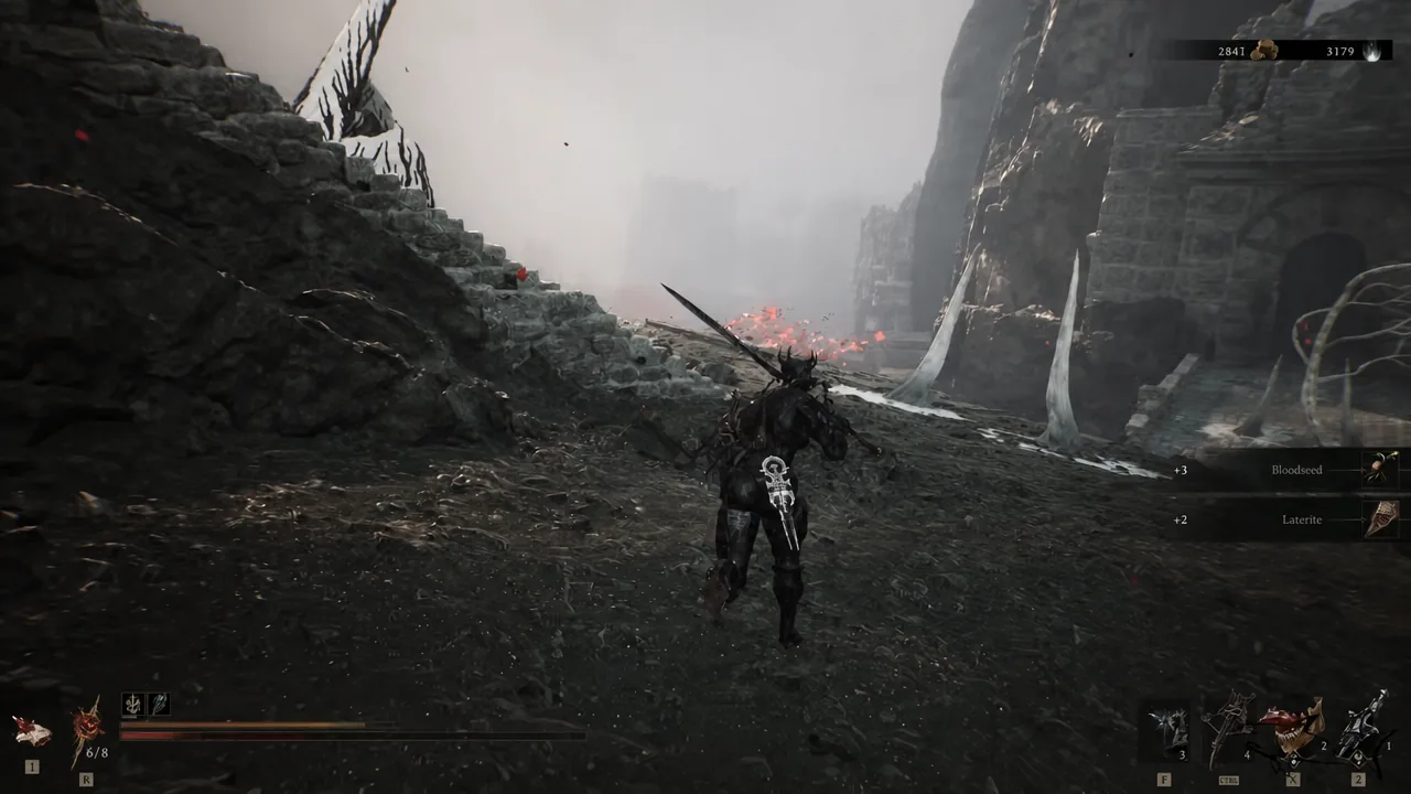Harbinger crossing a ruined canyon as Bloodseed and Laterite pickup prompts appear on screen