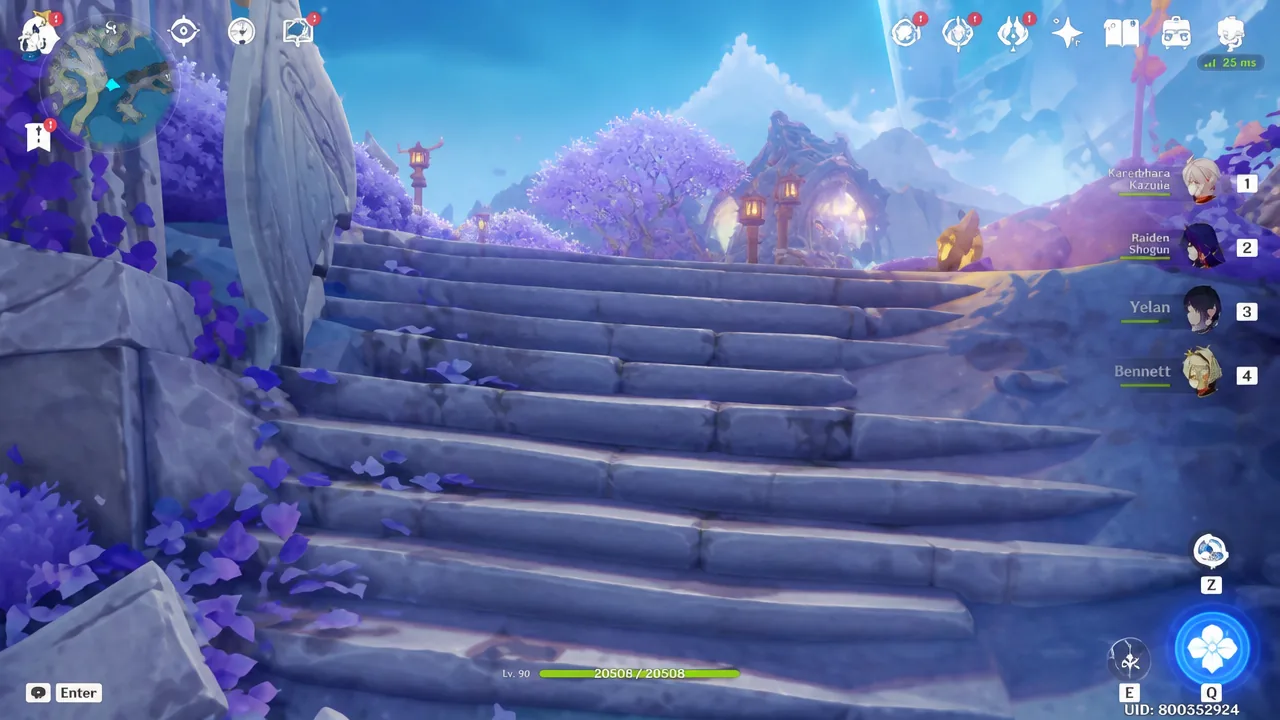 Genshin Impact gameplay view of a stone staircase leading up toward a shrine