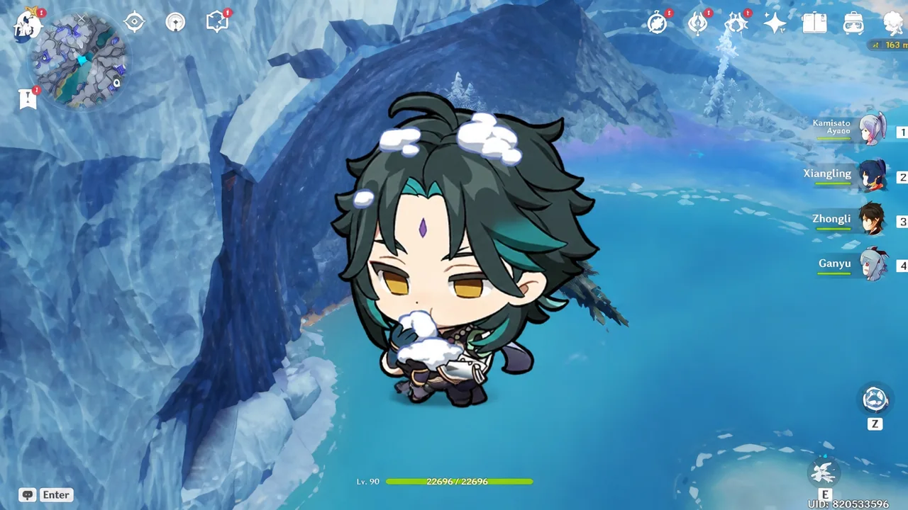 Xiao hovering above icy water in Genshin Impact with the party lineup on screen