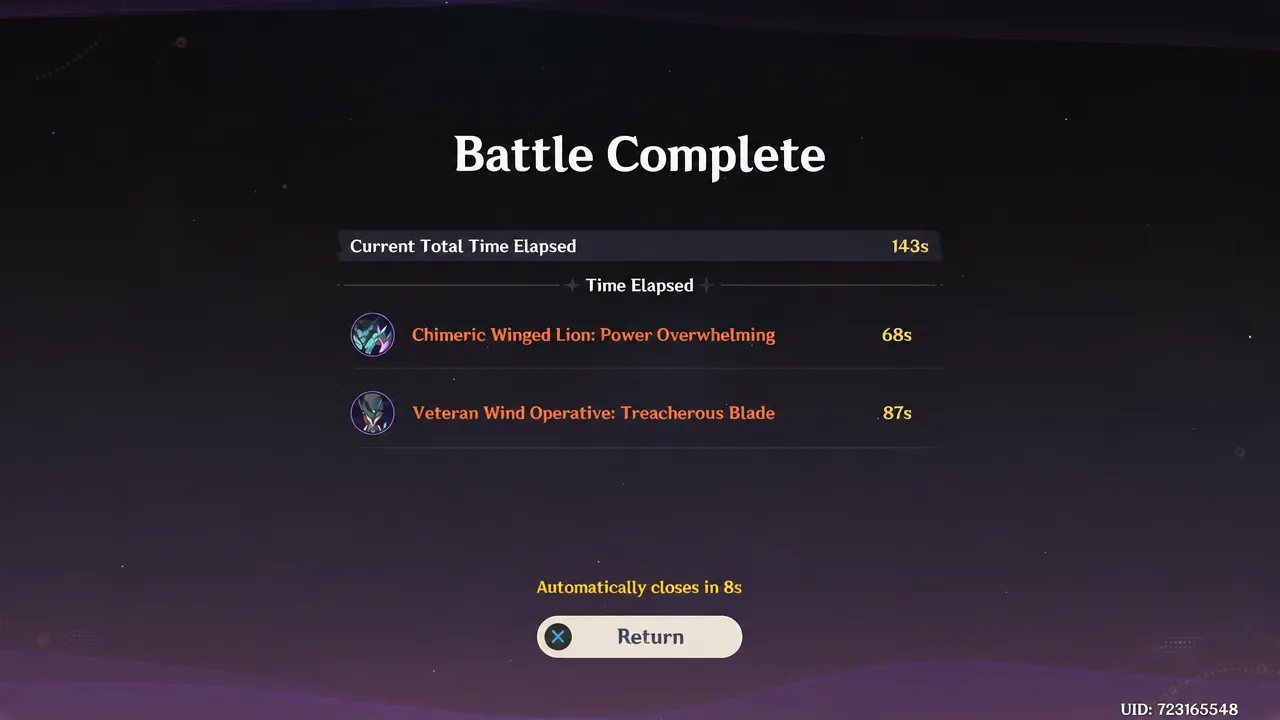 Battle Complete screen with the Return button and a nine-second auto-close timer
