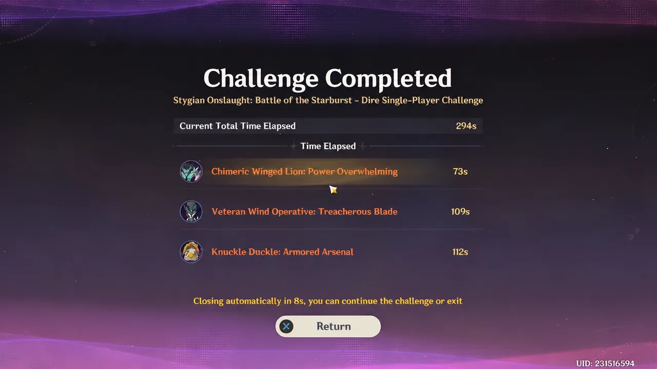 Challenge Completed screen with the Return button after finishing the third Stygian Onslaught boss