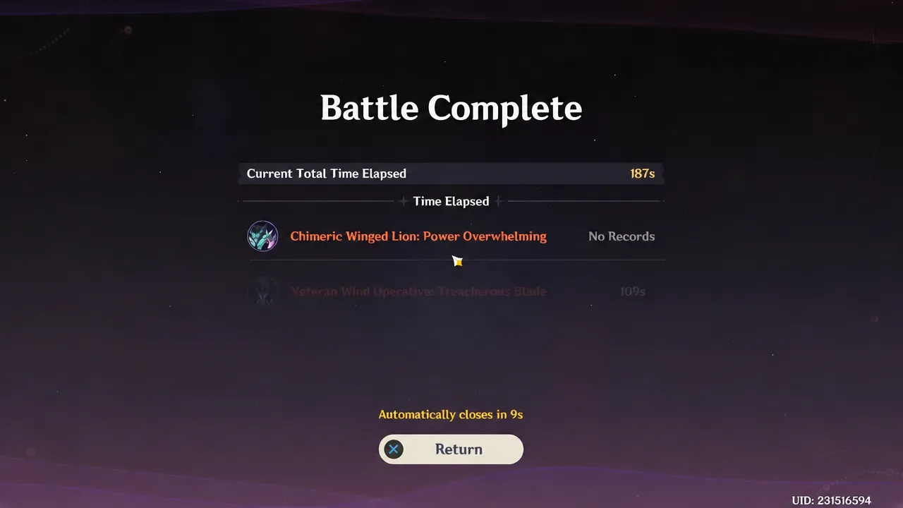 Battle Complete screen for Chimeric Winged Lion: Power Overwhelming with elapsed time and Return button