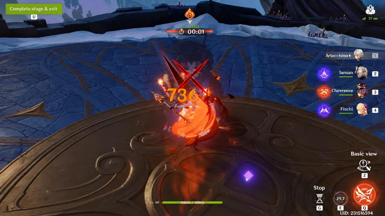 Combat screen with the Complete stage and exit objective while the active team attacks and damage numbers appear
