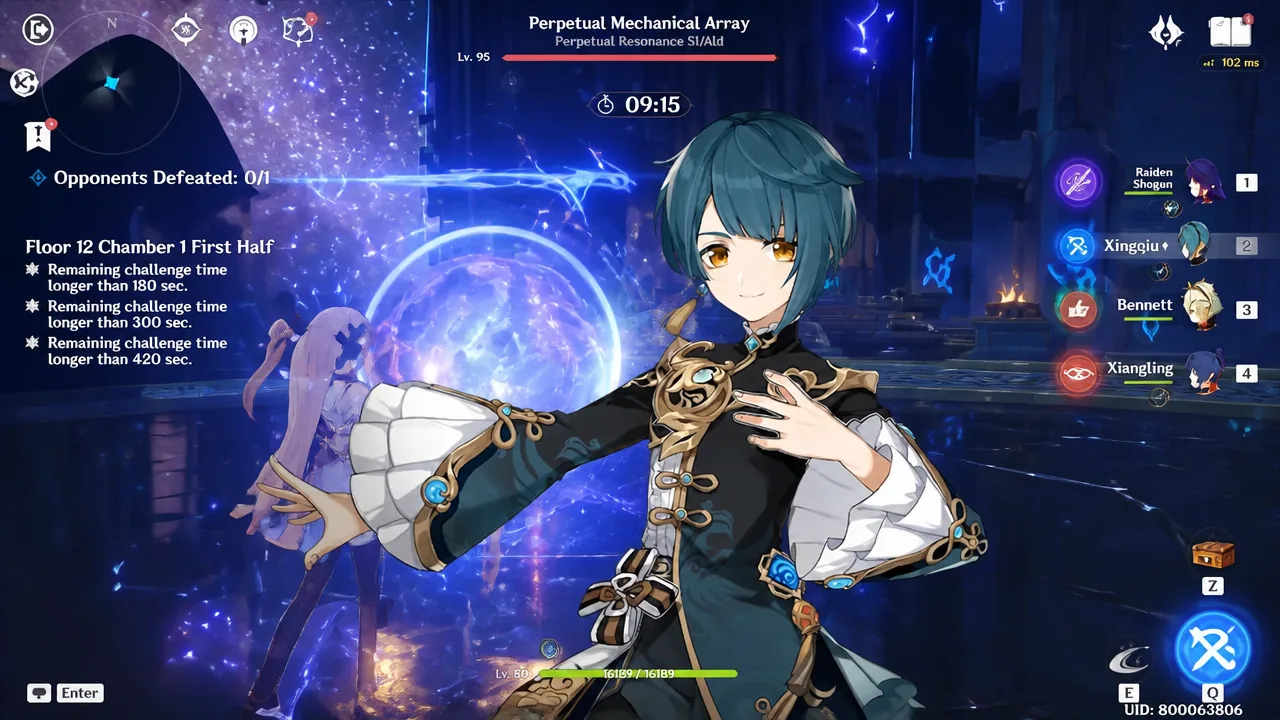 Perpetual Mechanical Array fight with Xingqiu on field and the encounter timer running