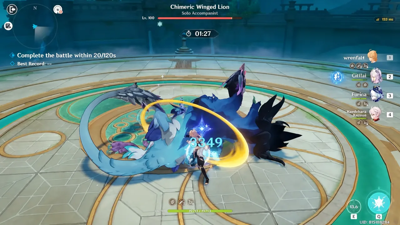 Chimeric Winged Lion boss fight with the health bar and a 01:27 combat timer on screen