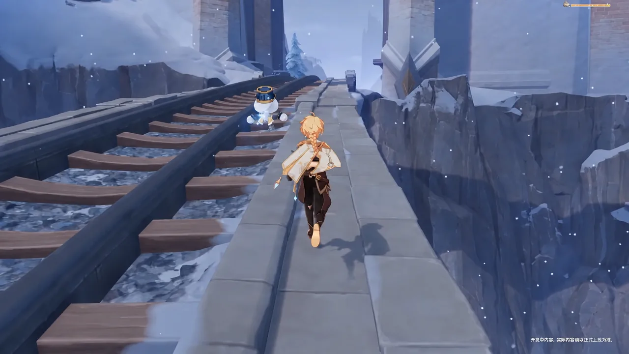 The Traveler runs across a snowy stone bridge with a floating companion pet alongside