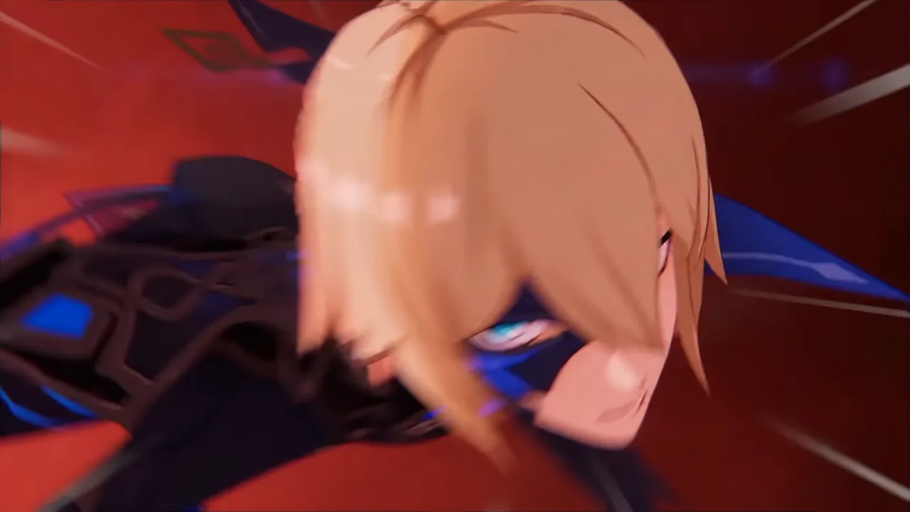 Aether and Dainsleif attacking Ronova inside a red void filled with floating eyes
