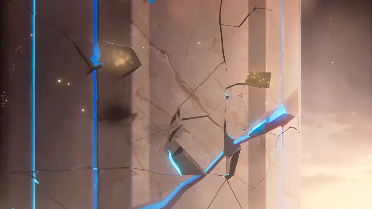 Ronova destroying a stone pillar as red energy spreads around her