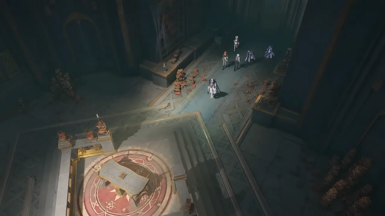 Pierro walking through a dark hall and examining an old photograph