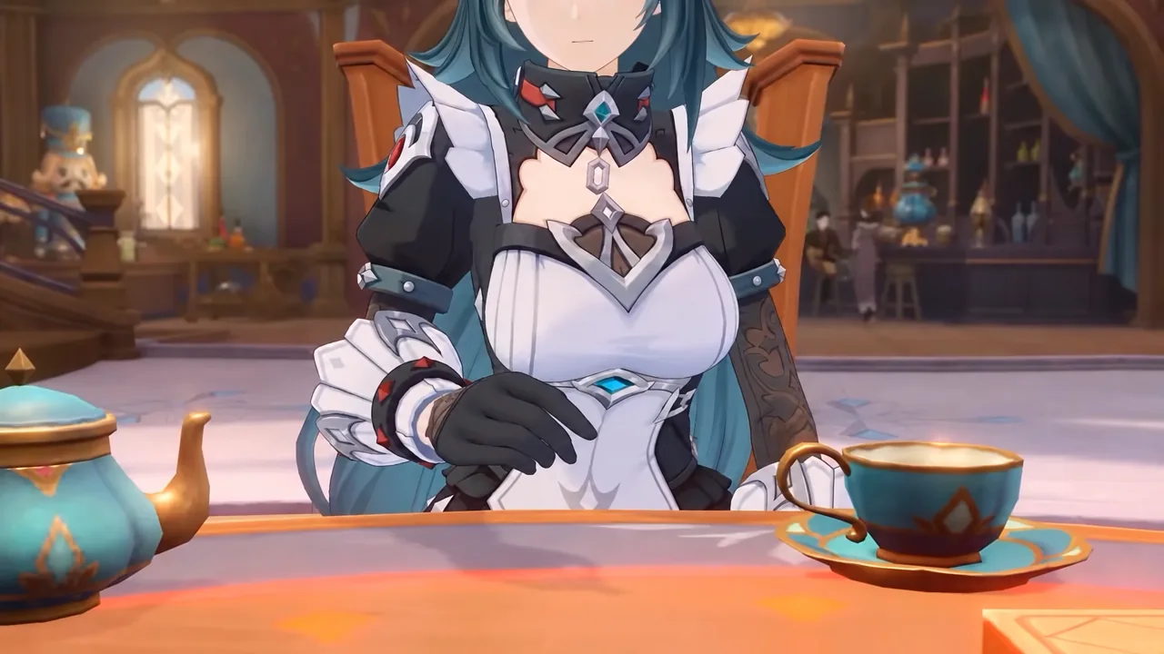 Aether and Paimon seated at a table with a green-haired maid before a scuffle breaks out