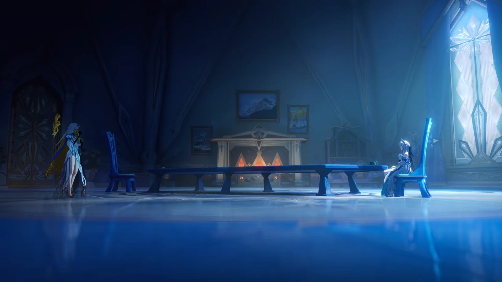 Several characters gather around a long table inside a spacious blue-lit hall with tall windows and a fireplace.