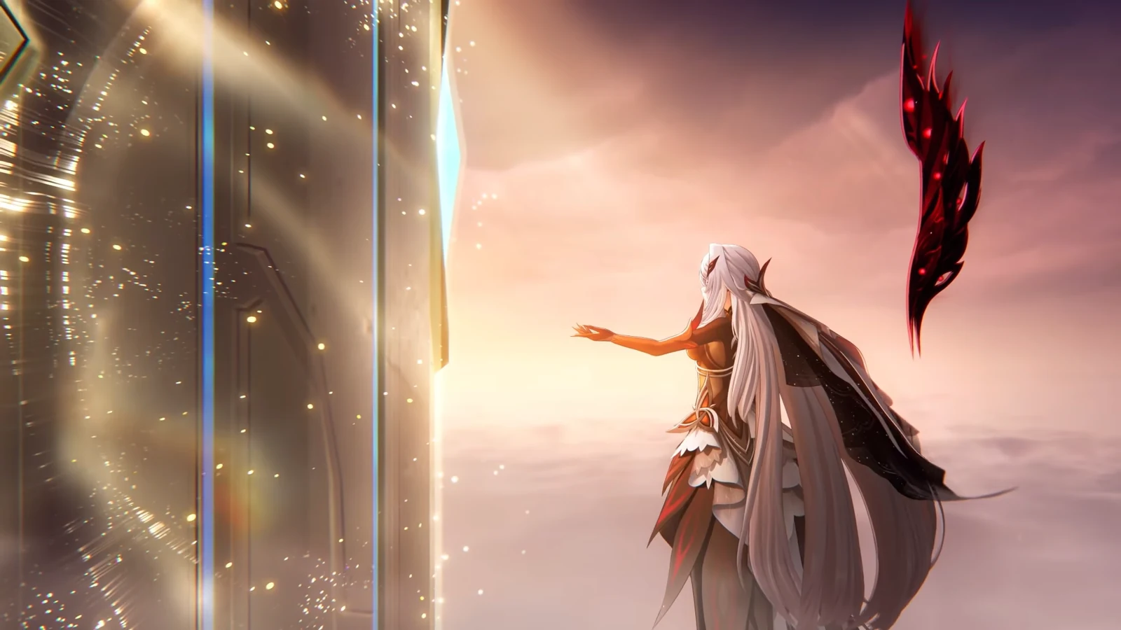 Skirk reaches toward a radiant doorway while holding a dark red-black weapon in a warmly lit interior.