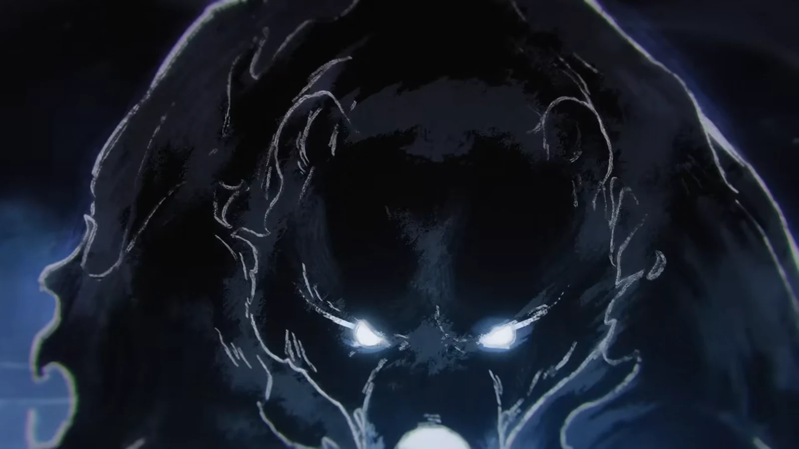 The All-Devouring Narwhal stares forward in a dark abyssal battlefield at night.
