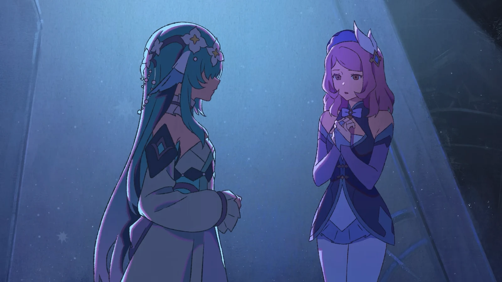 The blue-haired woman converses with a purple-haired woman beneath cool blue interior lighting.