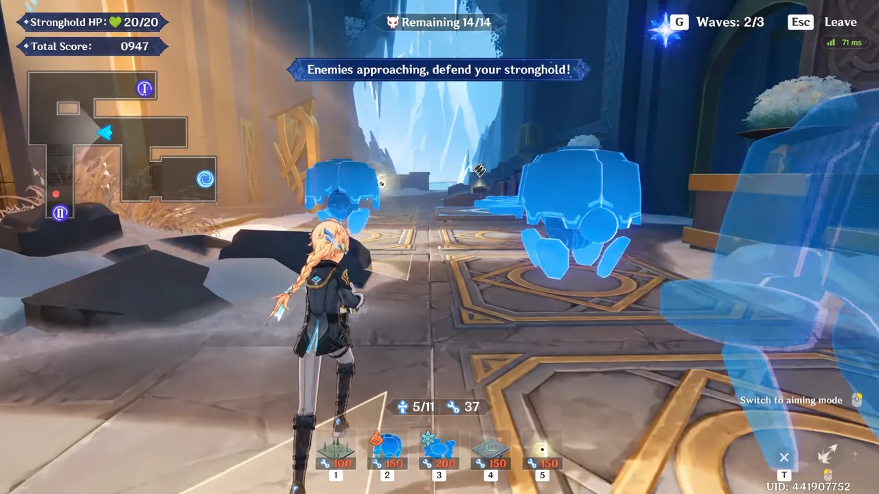 A blue holographic mechanism materializing on the field as enemies close in