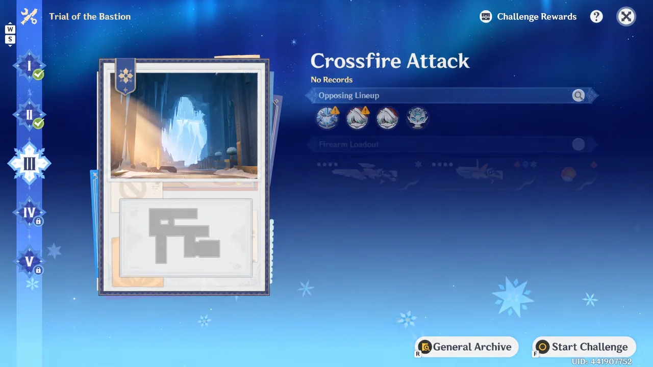 Crossfire Attack stage select screen with the Start Challenge button ready to confirm