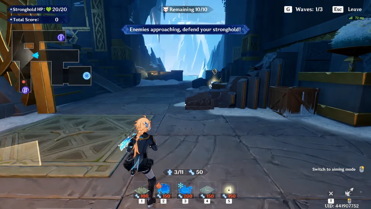 Wave 1 of 3 underway with the defend your stronghold banner across the screen