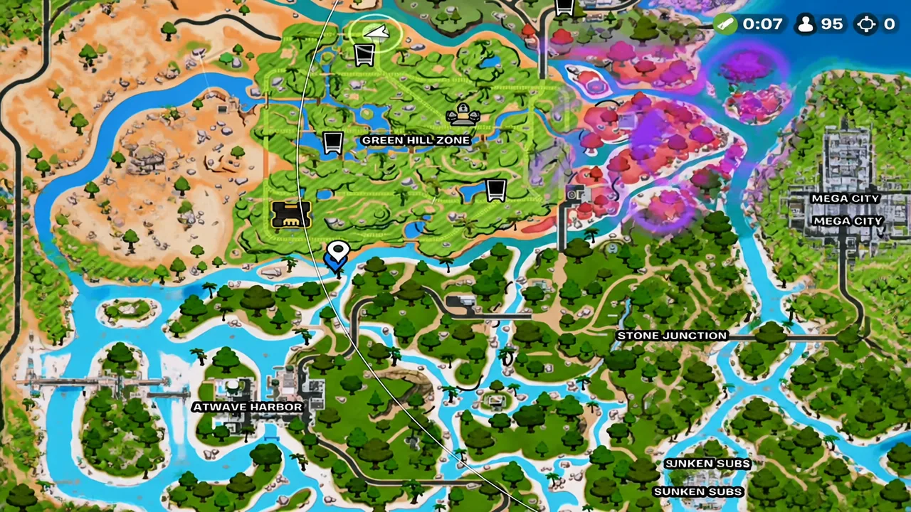 Fortnite map screen with the white waypoint marker placed next to Green Hill Zone