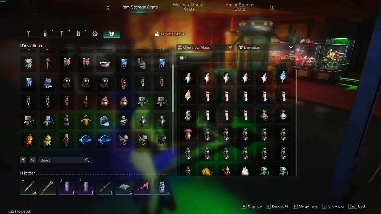 Item Storage Crate open on the Deviations tab, listing carried and stored creatures