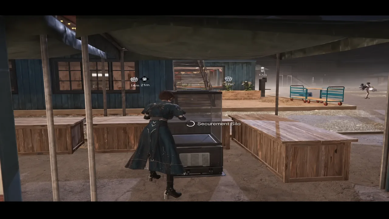 Player standing at a Securement Silo console in a settlement with the interaction objective active