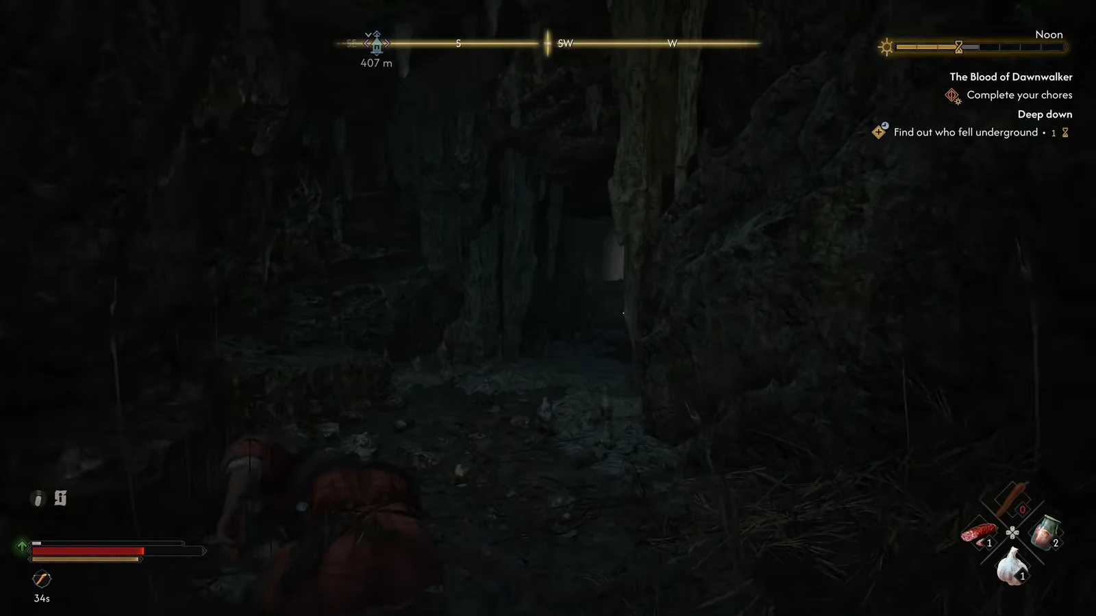 Dark cave passage with the Deep down objective to find out who fell underground on screen
