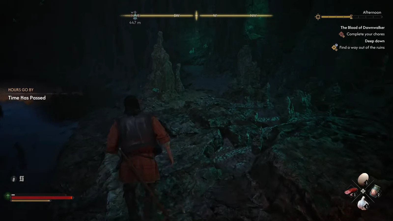 Underground ruins with the Deep down and Find a way out of the ruins objectives on the HUD