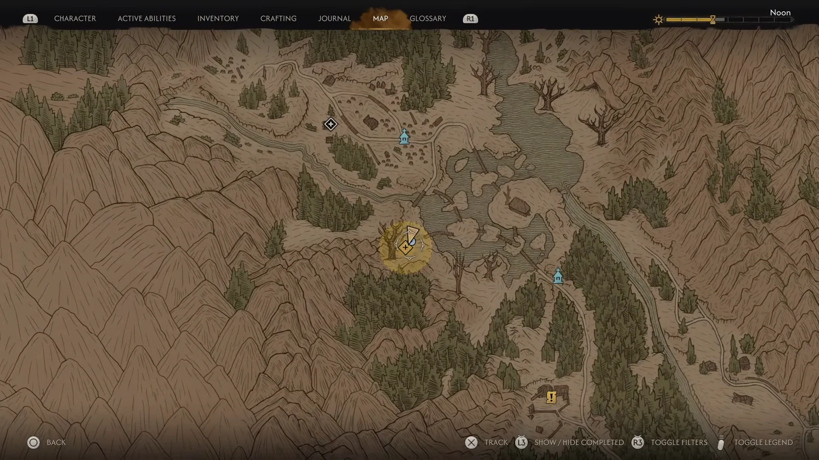 Map screen with the Blackwater Hollow quest marker selected and ready to track