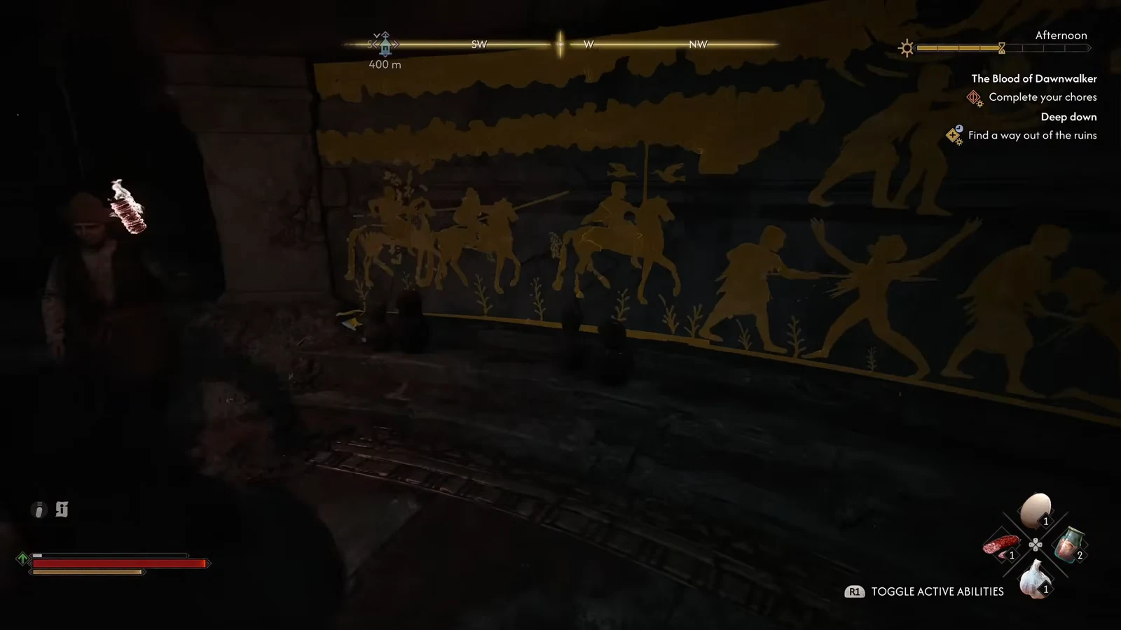 Mural-lined passage in the burial chamber with interactive inspection points highlighted