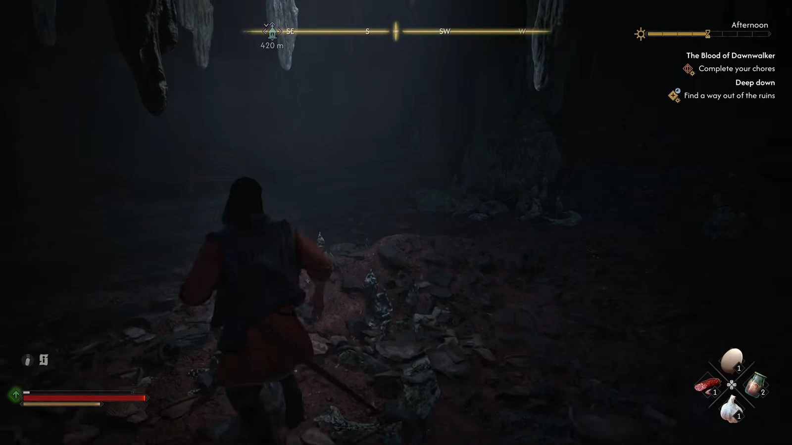 Character moving through dark ruins toward the burial chamber with the quest objective active
