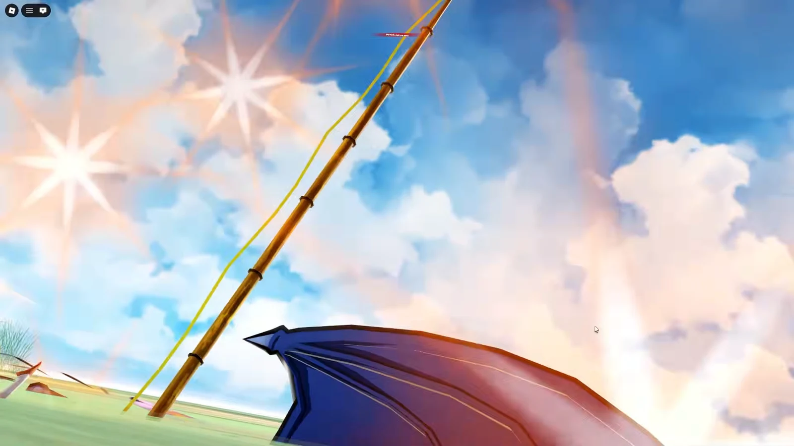 Roblox character gliding beside a yellow zipline cable in the sky
