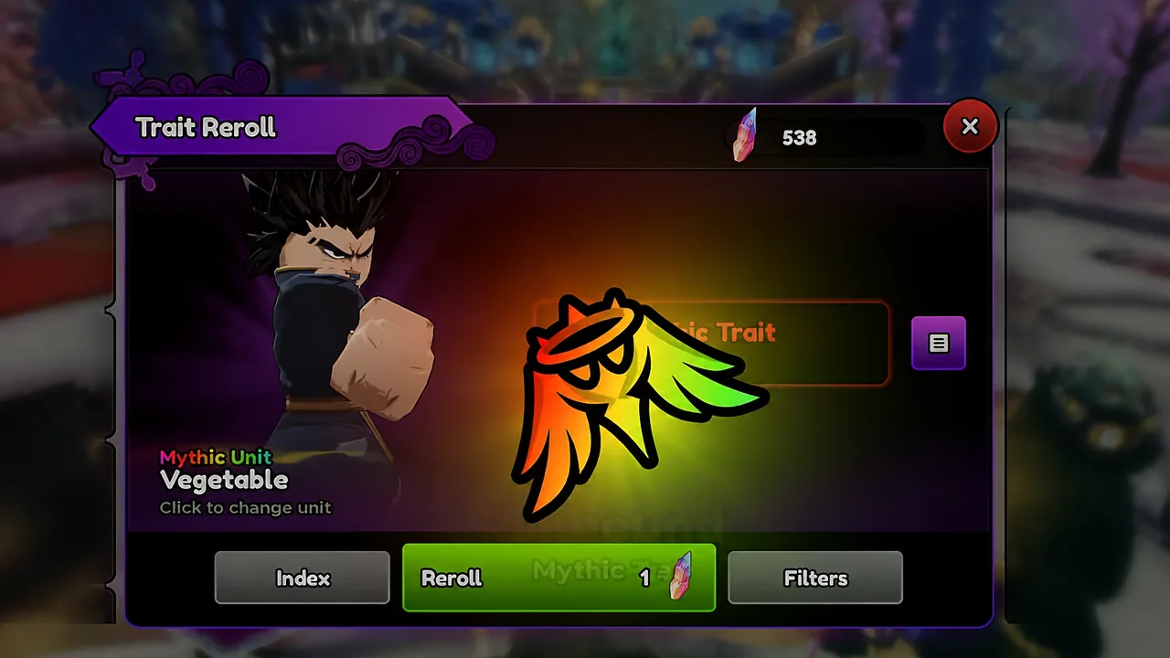 Trait Reroll screen for the Mythic unit Vegetable with the Reroll button highlighted