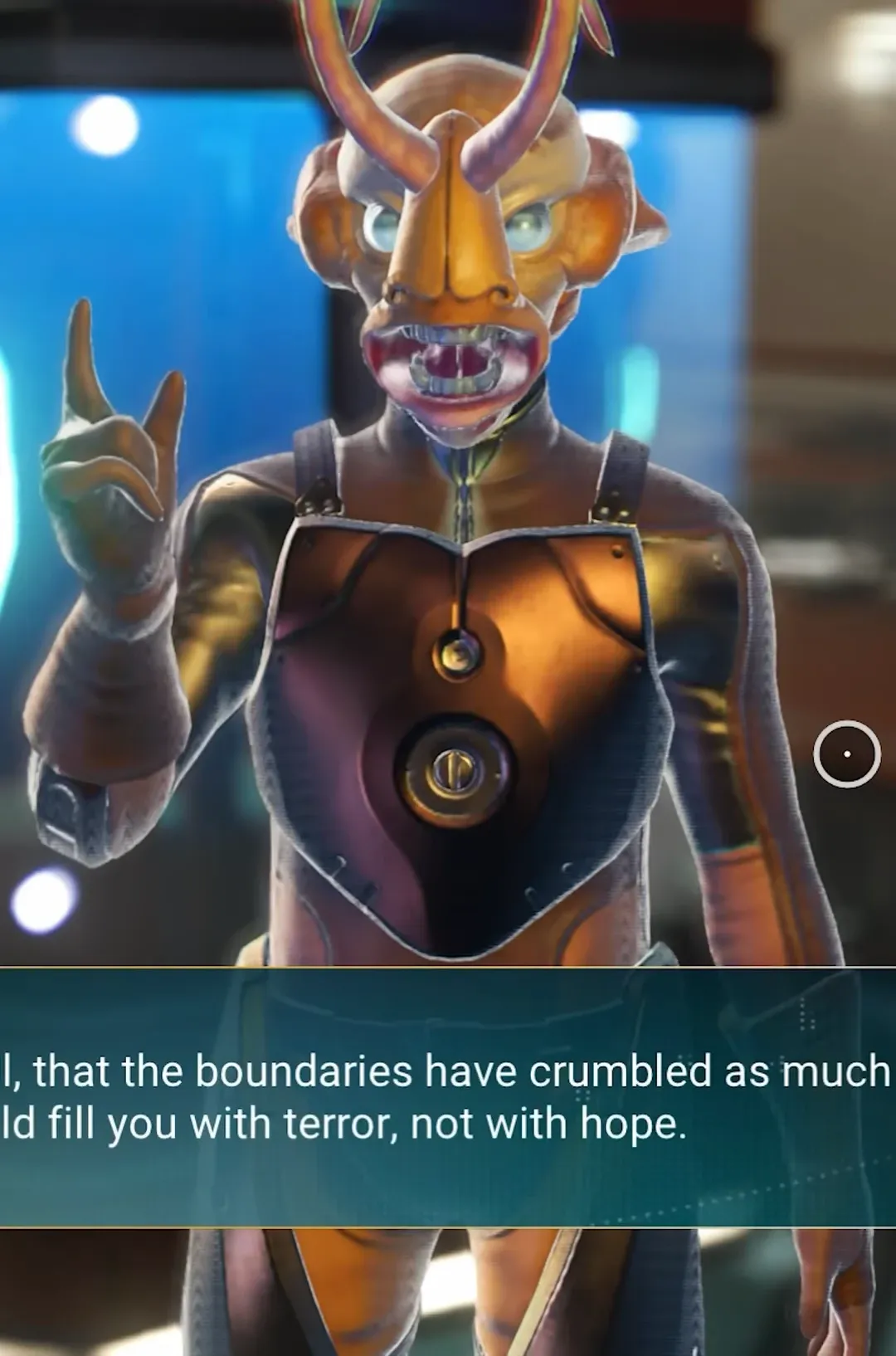 Traveller dialogue box on screen during a conversation with an alien NPC
