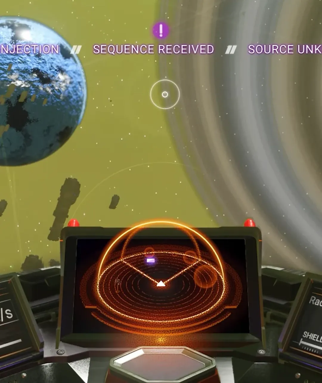 Cockpit HUD showing a purple SEQUENCE RECEIVED alert from an unknown source