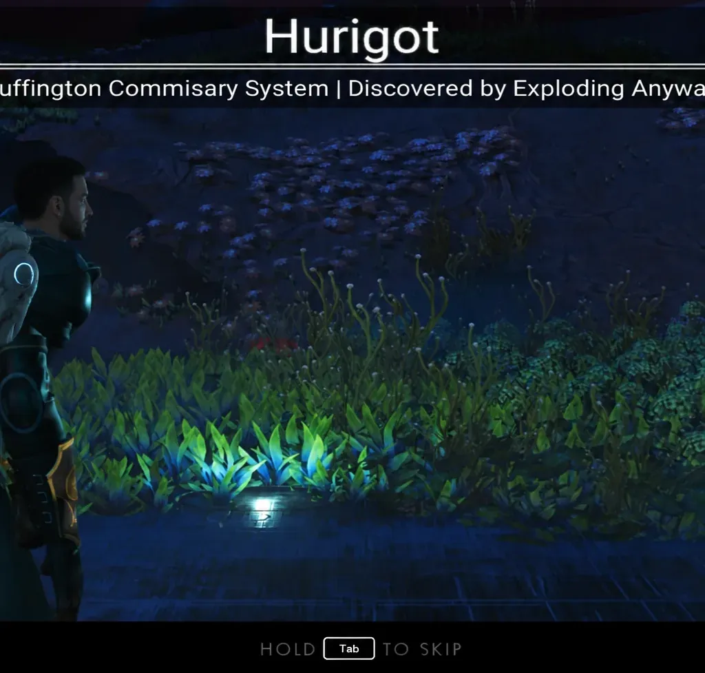 System name card appearing on arrival in a new star system, with the hold-to-skip prompt visible