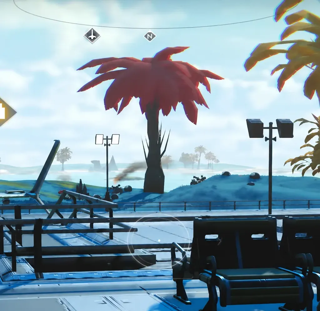 Player walking across an outdoor base platform built over a grave site, compass HUD at the top of the screen