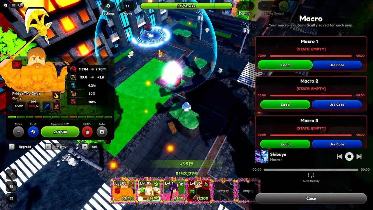 Macro menu showing an empty Macro 1 slot with Load and Use Code buttons
