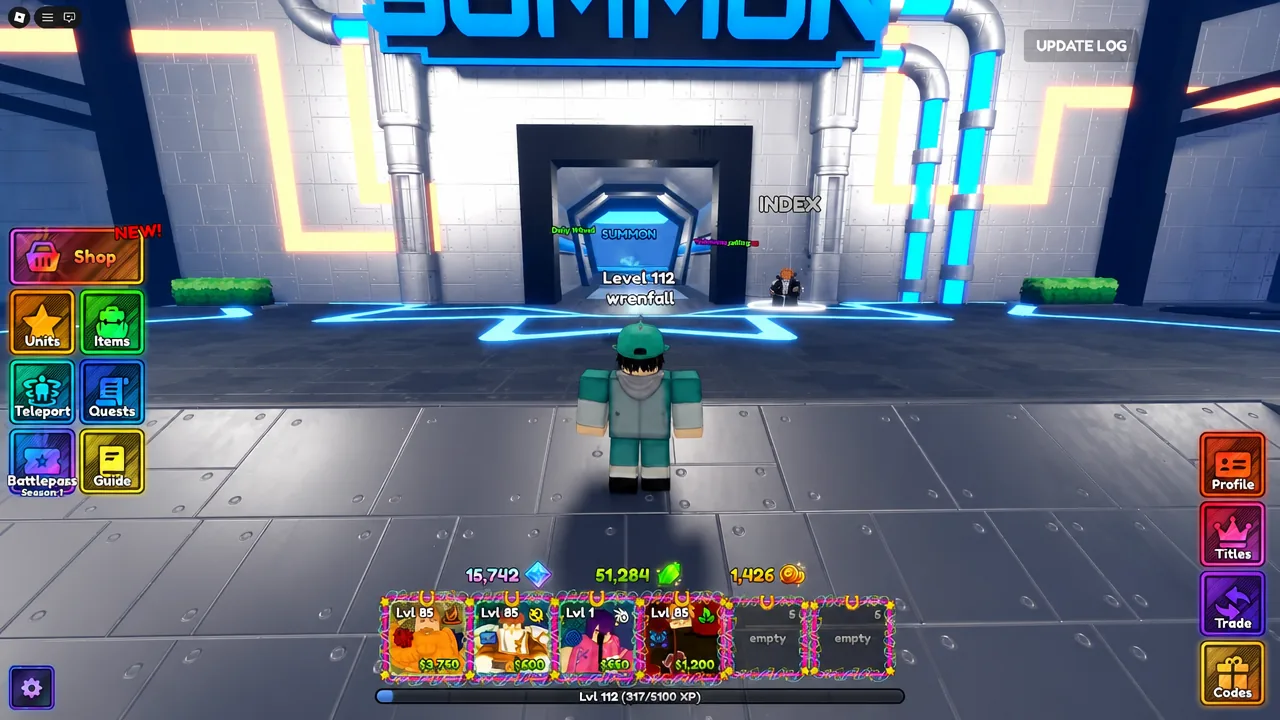 Anime Last Stand lobby with the player standing in front of the SUMMON portal