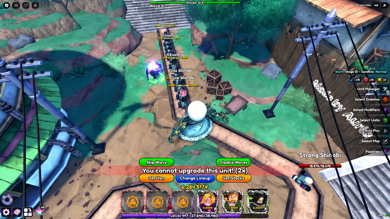 Sandbox stage gameplay with units placed along the enemy path during a boss test
